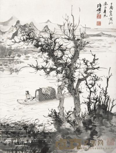 陆俨少 丁酉（1957年）作 秋水泛舟 镜框 46×35cm