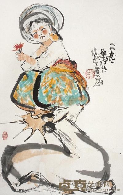程十发 己巳(1989年)作 人物少女羊 立轴 68×43.5cm