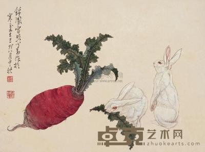 溥儒 己卯(1939年)作 双兔 镜框 28×37cm