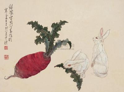 溥儒 己卯(1939年)作 双兔 镜框