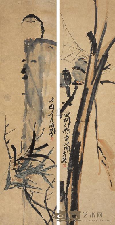 潘天寿 辛酉(1921年)作 世间何物是江南 对屏 129×33cm×2