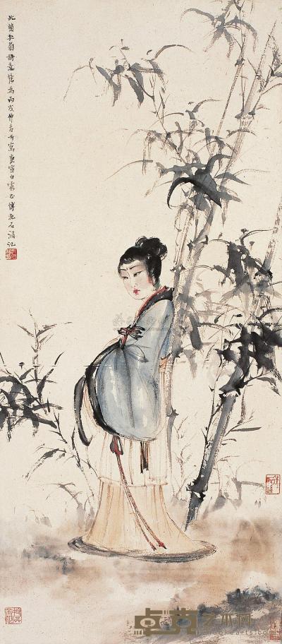 傅抱石 丙戌(1946)年作 竹荫仕女 镜片 85×37cm
