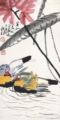 齐白石 庚寅(1950年)作 荷花鸳鸯 镜框