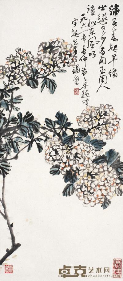 吴茀之 辛丑(1961年)作 花卉 镜片 93.5×41cm