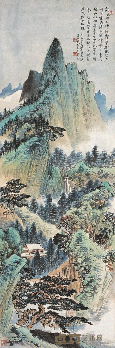 郑午昌 辛巳(1941年)作 青绿山水 立轴 103×34.5cm