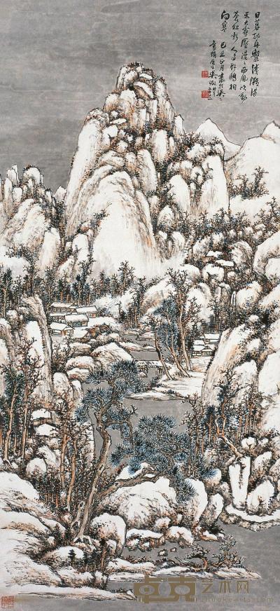 吴待秋 己丑(1949年)作 苍松雪夜图 立轴 110×50cm