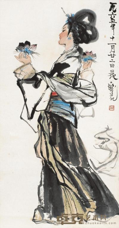 程十发 乙巳(1965年)作 拈花少女 立轴 115×60cm