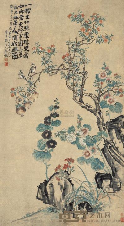 李鳝 丙子（1756年）作 秋园双禽 立轴 171×93cm