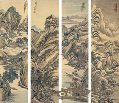 姜筠 壬子（1912年）作 山水 四屏 196×53.5cm×4