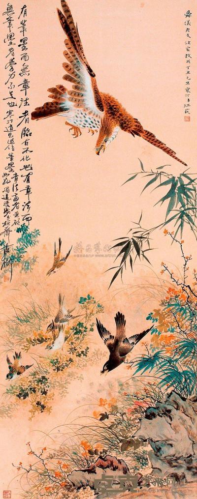 江寒汀 丁丑（1937年）作 飞禽图 立轴 131×51cm