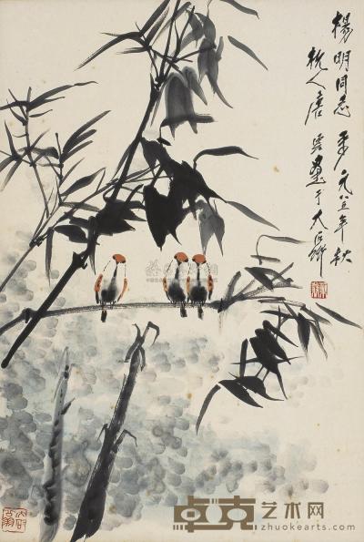 唐云 乙丑（1985年）作 竹雀图 立轴 67.5×45.5cm