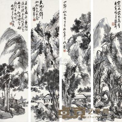 蒲华 庚寅（1890年）作 山水 四屏 134×31cm×4
