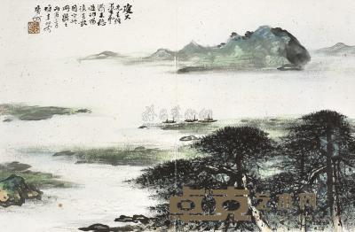 黎雄才 丙寅（1986年）作 江边帆舟 镜片 42.5×66cm