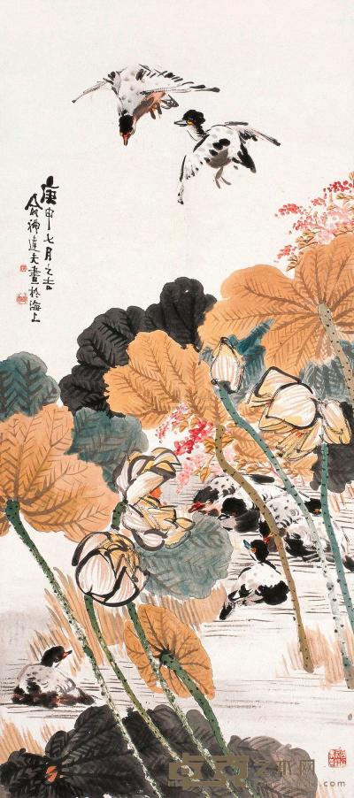 俞礼 庚申（1920年）作 荷花飞禽图 立轴 136×60.5cm