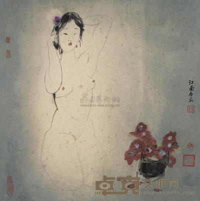 刘国辉 红花少女 镜框 68×68cm