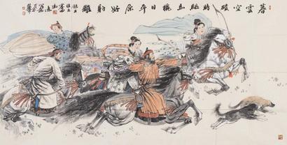 冯远 骑射图 镜心