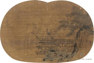 陈贤 亭院深深 团扇片 立轴 41×26cm