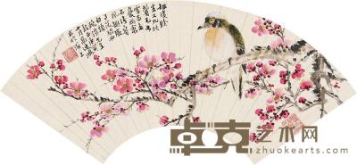 高逸鸿 唐寅（1950）年作 桃花小鸟 扇片 18×51cm