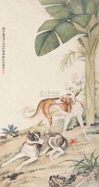 马晋 （款） 蕉荫双犬 立轴