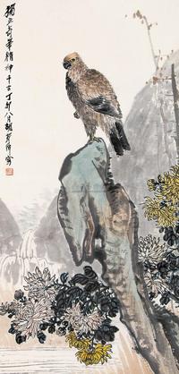 胡郯卿 丁卯（1927）年作 鹰立奇峯 立轴