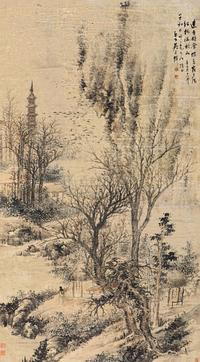 吴石僊 辛巳（1871）年作 夕阳远寺 立轴