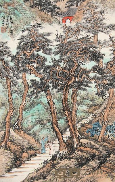樊伯炎 丙寅（1986）年作 松林古寺 立轴 52.5×33cm