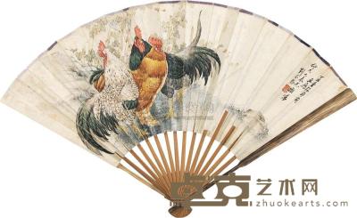 刘奎龄 丁丑（1937）年作 群鸡图 成扇 18.5×50cm