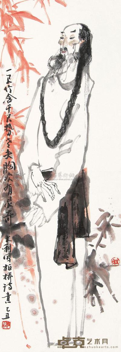 程大利 乙丑（1985）年作 老夫赏竹 立轴 81×28cm
