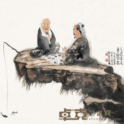 杨福音 辛未（1991）年作 渔棋图 立轴 56.2×29cm