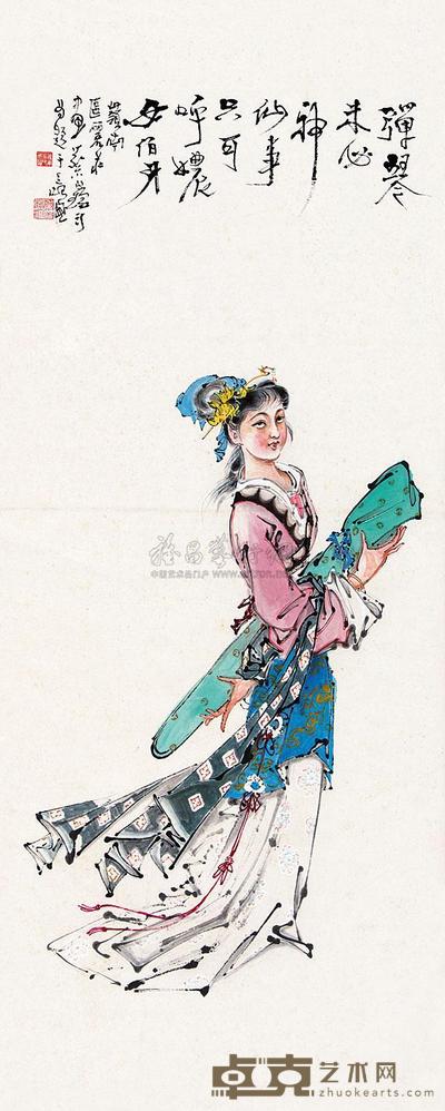区丽庄 蔡鹤汀 执琴仕女 立轴 82.5×33.5cm