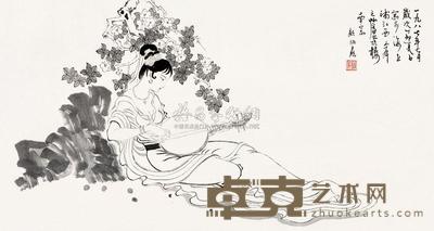 顾炳鑫 丁卯（1987）年作 抚琴仕女 镜片 54×100cm
