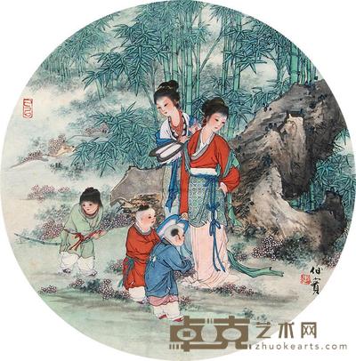 李伯实 竹荫嬉戏 圆扇片 直径42cm