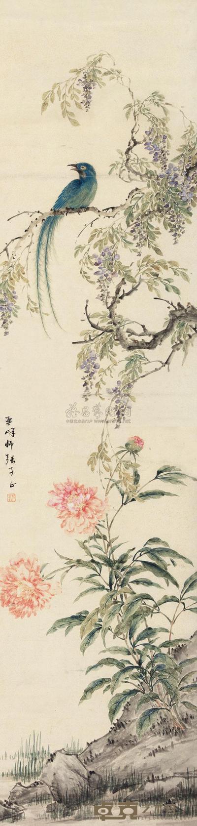 翟继昌 紫藤小鸟 立轴 156×37.5cm