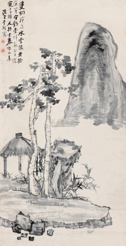 李鱓 双桐茅屋图 立轴