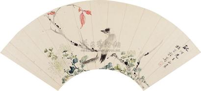 程莺 秋菊小鸟 扇面