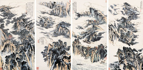 沈明权 山水 立轴四屏