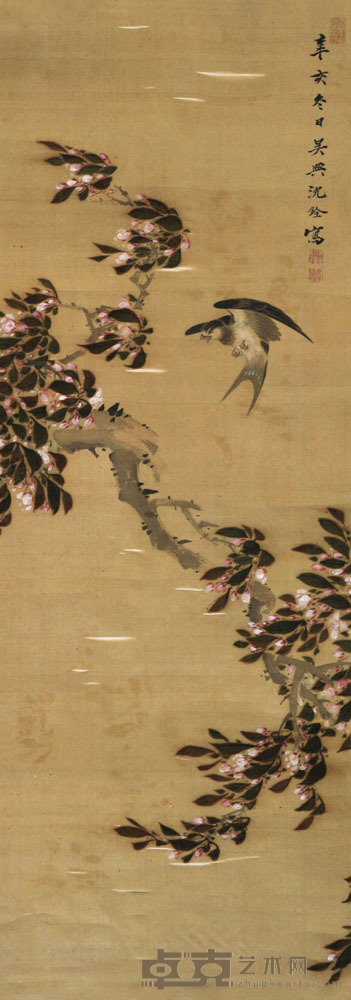 沈荃 1671年作 桃花春燕 立轴 83×29cm