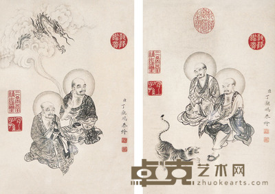 丁观鹏 罗汉图 镜框 33×22cm×2