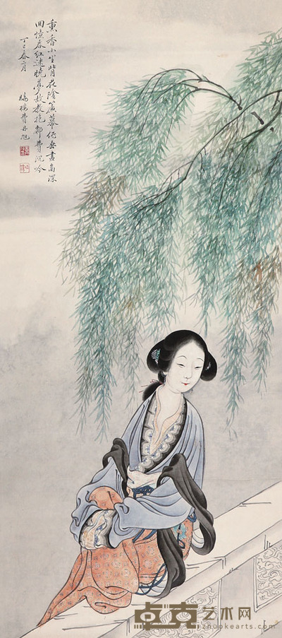 费丹旭 柳荫晓梦 立轴 74×32.5cm