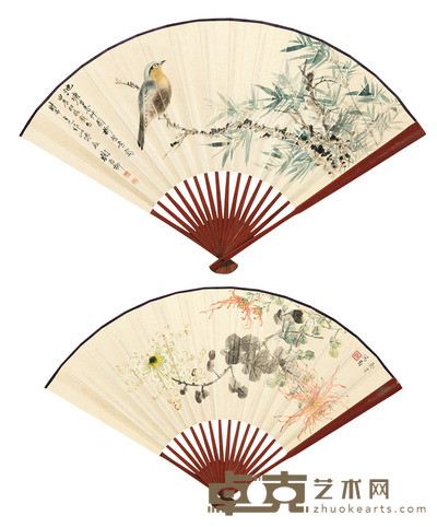 谢稚柳 吴芸 花鸟 成扇 18×45cm