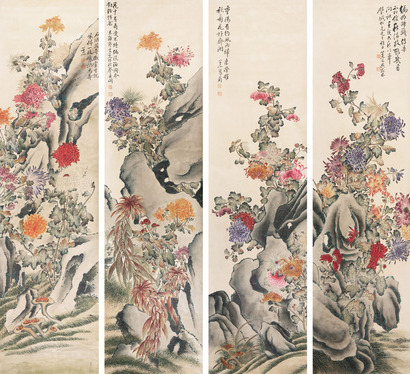 吴树本 1922年作 秋菊 四屏