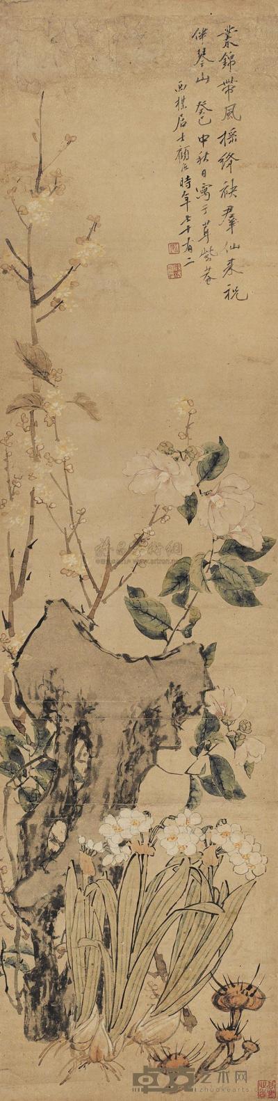顾洛 1833年作 花卉 立轴 119×30cm