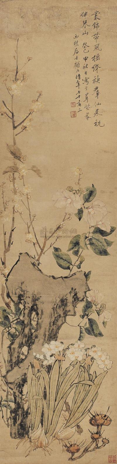 顾洛 1833年作 花卉 立轴