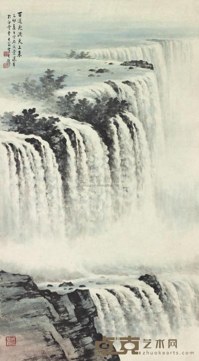 黄君璧 1975年作 百道飞流 镜框 90×50cm