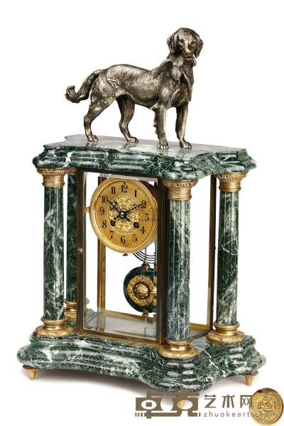 约1900年 法国青铜猎犬雕像大理石门廊式台钟 高51×宽35.5×厚18cm
