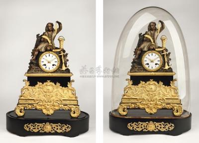 约1850—1855年 法国铜鎏金渔女像带玻璃罩壁炉钟