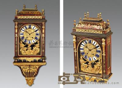 约1860年 法国铜鎏金镶玳瑁托架布勒钟 钟柜高59.5×宽33.5×厚14.5cm；托架高38×宽33×厚18cm