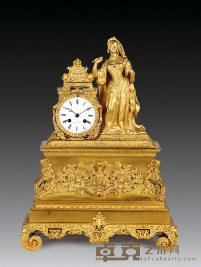 约1850—1855年 法国铜鎏金贵妇诵诗壁炉钟 高51×宽38×厚14cm