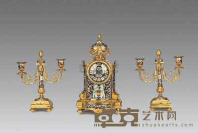 约1860年 法国铜鎏金镶珐琅壁炉钟/烛台 （三件/套） 钟高32×宽17×厚11.5cm；烛台高25×宽20cm