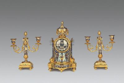 约1860年 法国铜鎏金镶珐琅壁炉钟/烛台 （三件/套）